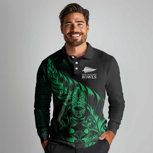 New Zealand Lawn Bowls Custom Long Sleeve Polo Shirt Green Maori Warrior Tribal Silver Fern - Aussie Hoodie