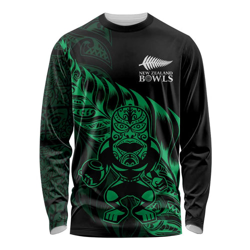 New Zealand Lawn Bowls Custom Long Sleeve Shirt Green Maori Warrior Tribal Silver Fern - Aussie Hoodie