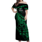 New Zealand Lawn Bowls Custom Off Shoulder Maxi Dress Green Maori Warrior Tribal Silver Fern - Aussie Hoodie