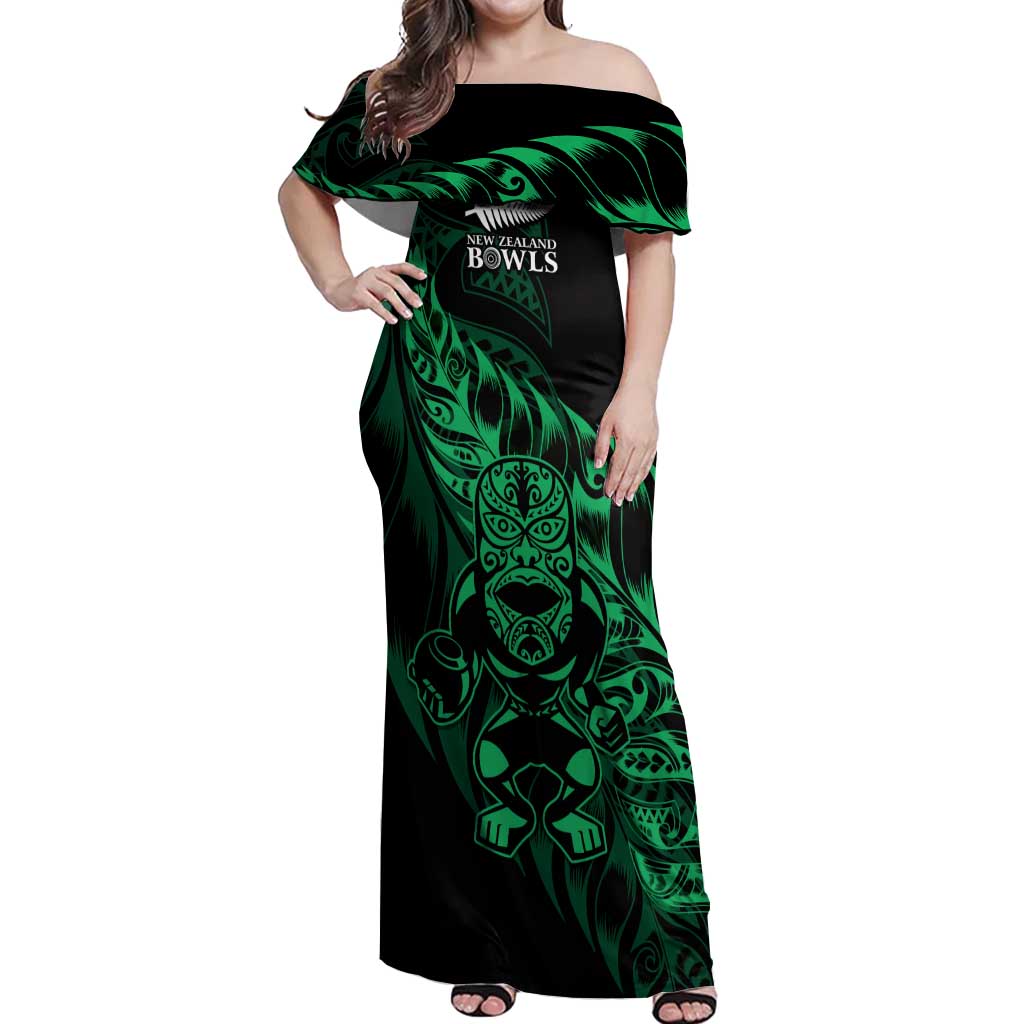 New Zealand Lawn Bowls Custom Off Shoulder Maxi Dress Green Maori Warrior Tribal Silver Fern - Aussie Hoodie