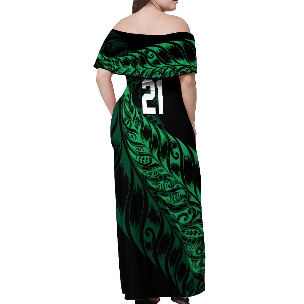 New Zealand Lawn Bowls Custom Off Shoulder Maxi Dress Green Maori Warrior Tribal Silver Fern - Aussie Hoodie