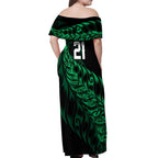 New Zealand Lawn Bowls Custom Off Shoulder Maxi Dress Green Maori Warrior Tribal Silver Fern - Aussie Hoodie