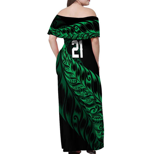 New Zealand Lawn Bowls Custom Off Shoulder Maxi Dress Green Maori Warrior Tribal Silver Fern - Aussie Hoodie