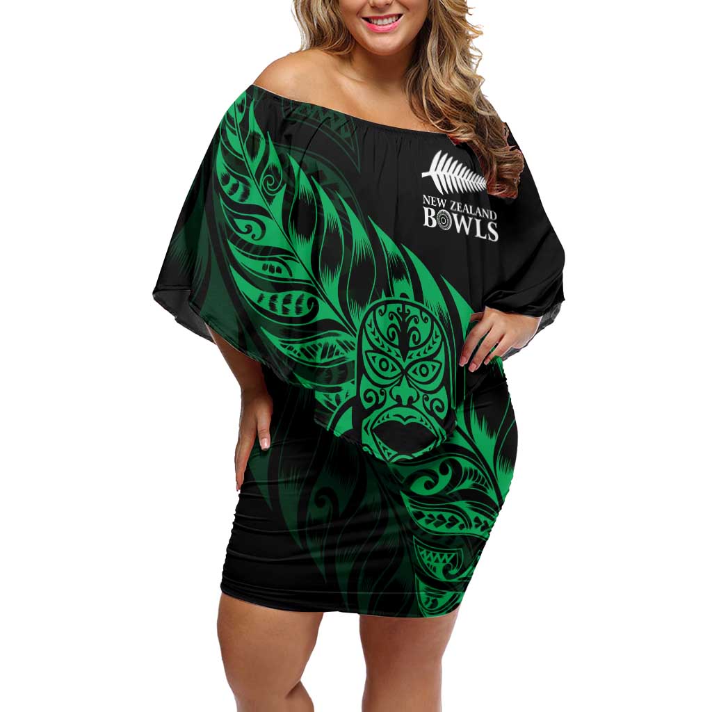 New Zealand Lawn Bowls Custom Off Shoulder Short Dress Green Maori Warrior Tribal Silver Fern - Aussie Hoodie