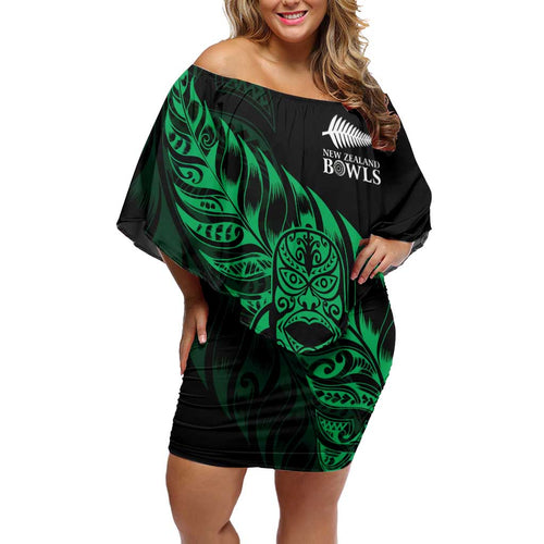 New Zealand Lawn Bowls Custom Off Shoulder Short Dress Green Maori Warrior Tribal Silver Fern - Aussie Hoodie