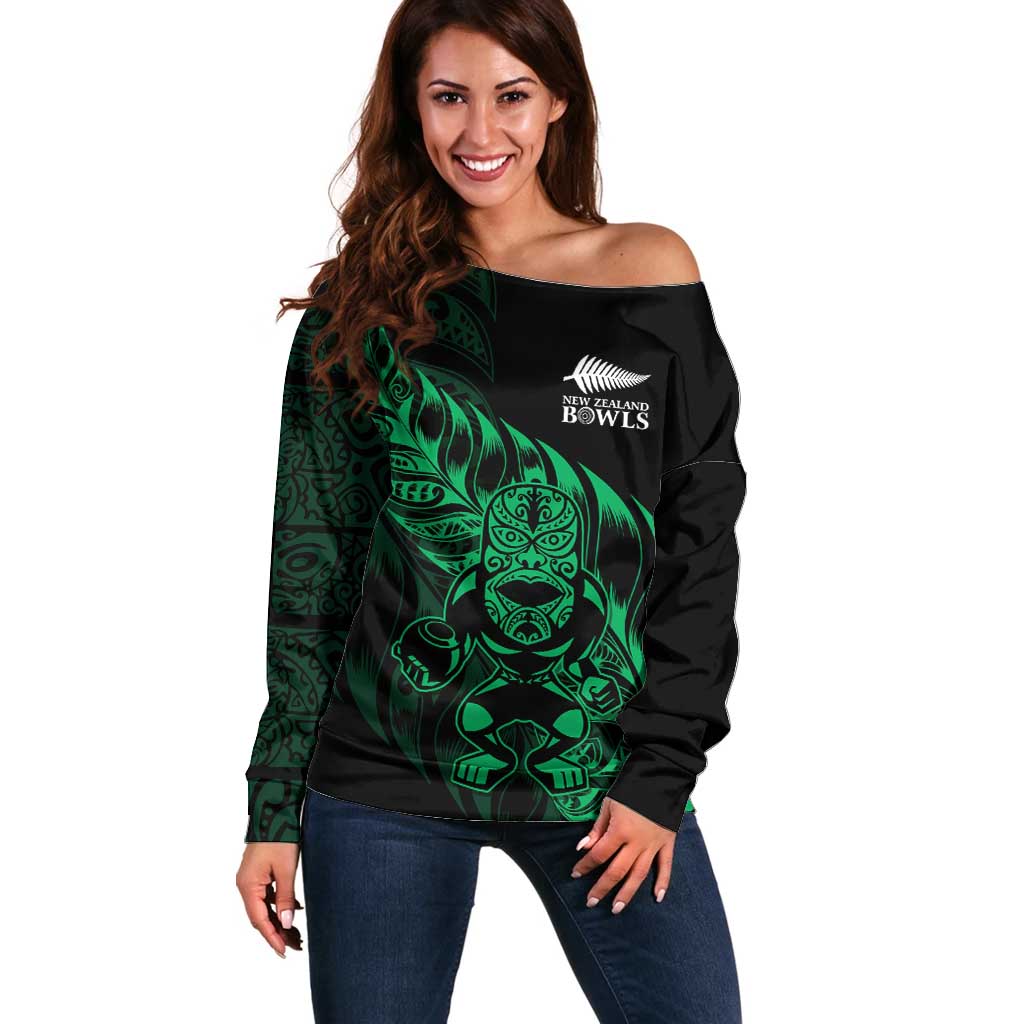 New Zealand Lawn Bowls Custom Off Shoulder Sweater Green Maori Warrior Tribal Silver Fern - Aussie Hoodie