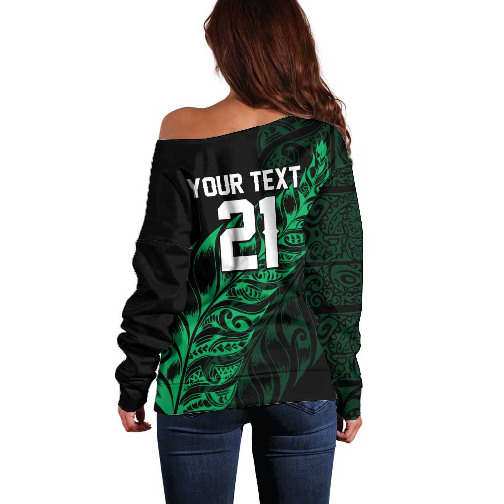 New Zealand Lawn Bowls Custom Off Shoulder Sweater Green Maori Warrior Tribal Silver Fern - Aussie Hoodie