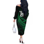 New Zealand Lawn Bowls Custom Off The Shoulder Long Sleeve Dress Green Maori Warrior Tribal Silver Fern - Aussie Hoodie