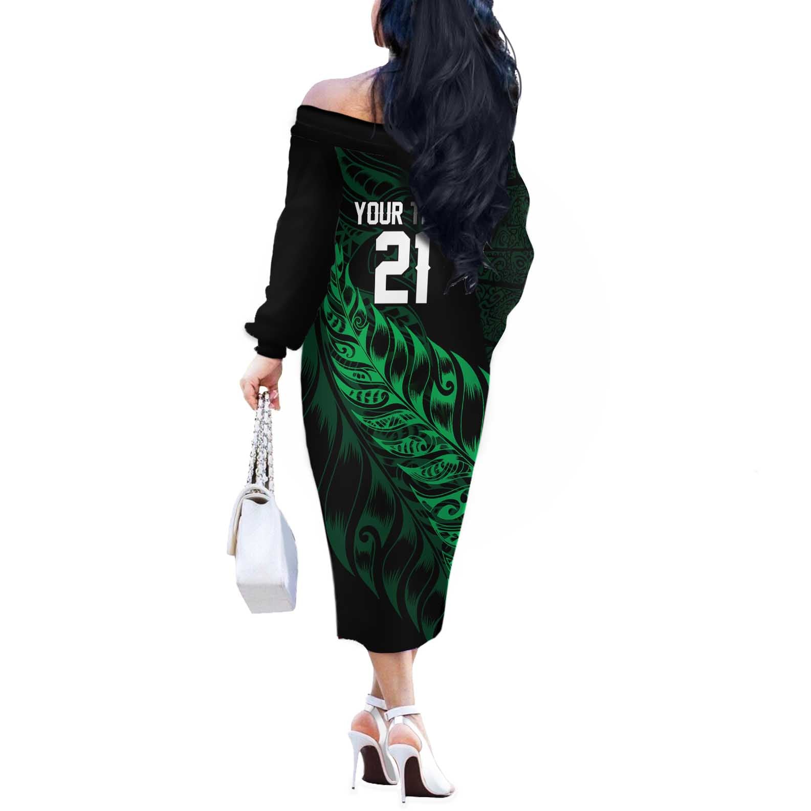 New Zealand Lawn Bowls Custom Off The Shoulder Long Sleeve Dress Green Maori Warrior Tribal Silver Fern - Aussie Hoodie