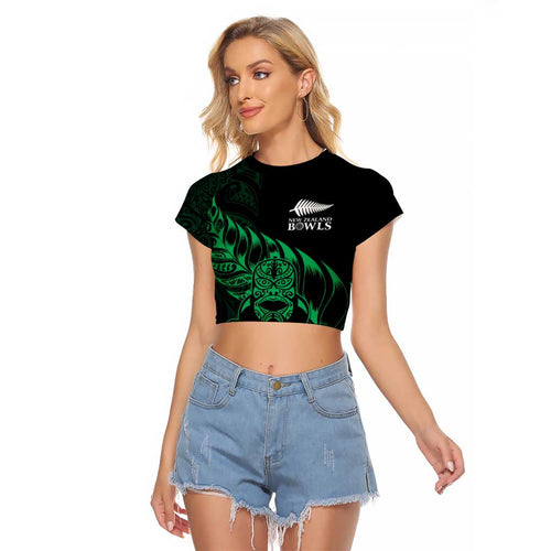 New Zealand Lawn Bowls Custom Raglan Cropped T Shirt Green Maori Warrior Tribal Silver Fern - Aussie Hoodie