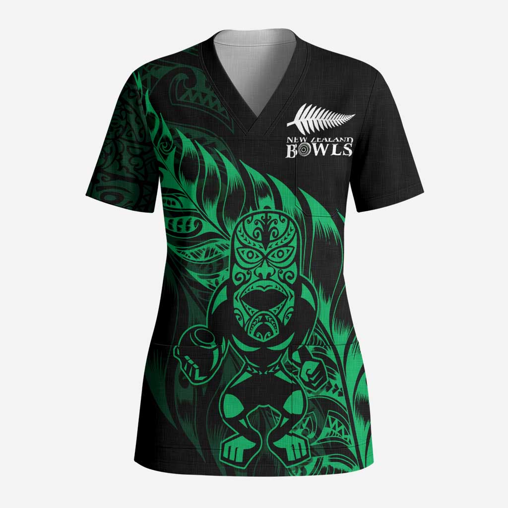 New Zealand Lawn Bowls Custom Scrub Top Green Maori Warrior Tribal Silver Fern - Aussie Hoodie