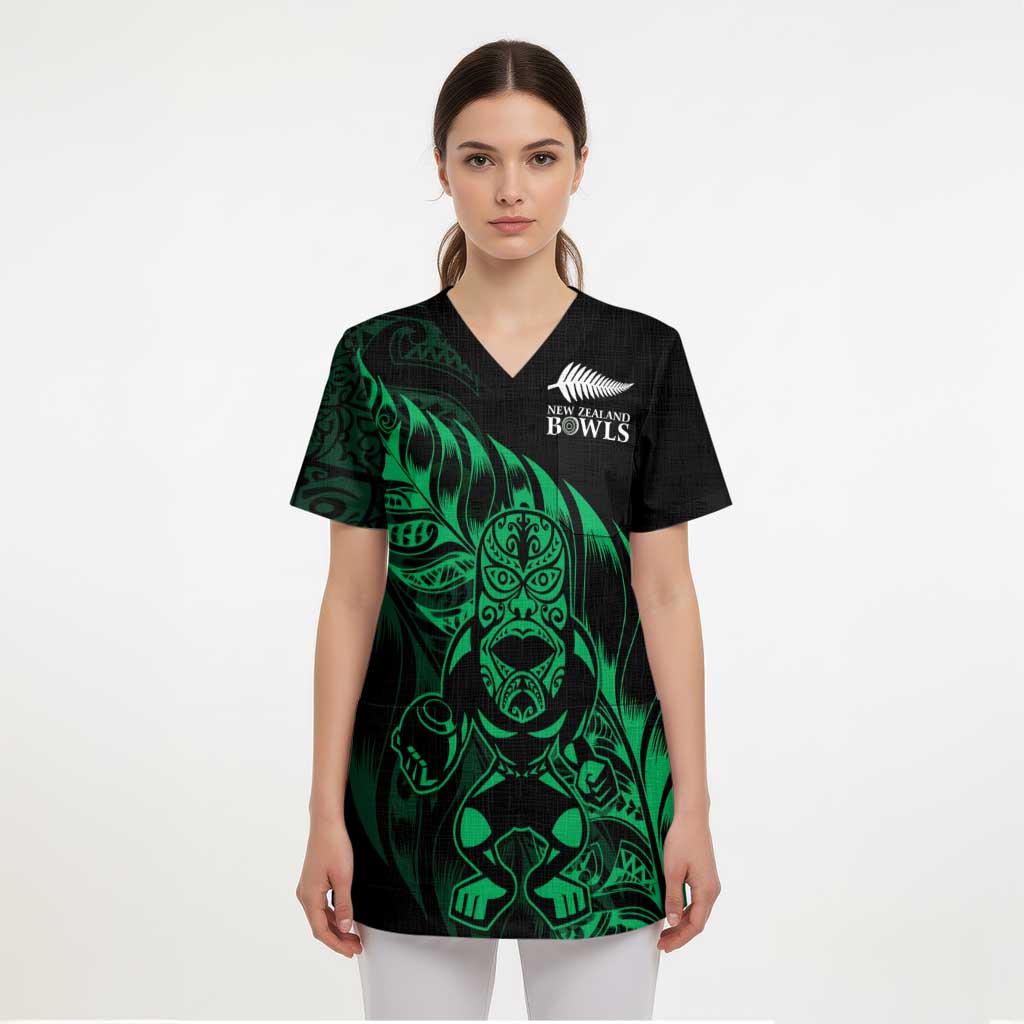 New Zealand Lawn Bowls Custom Scrub Top Green Maori Warrior Tribal Silver Fern - Aussie Hoodie