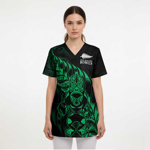 New Zealand Lawn Bowls Custom Scrub Top Green Maori Warrior Tribal Silver Fern - Aussie Hoodie