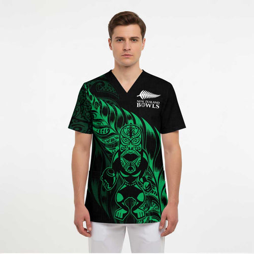 New Zealand Lawn Bowls Custom Scrub Top Green Maori Warrior Tribal Silver Fern - Aussie Hoodie