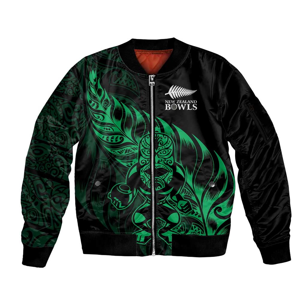 New Zealand Lawn Bowls Custom Sleeve Zip Bomber Jacket Green Maori Warrior Tribal Silver Fern - Aussie Hoodie