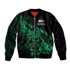 New Zealand Lawn Bowls Custom Sleeve Zip Bomber Jacket Green Maori Warrior Tribal Silver Fern - Aussie Hoodie