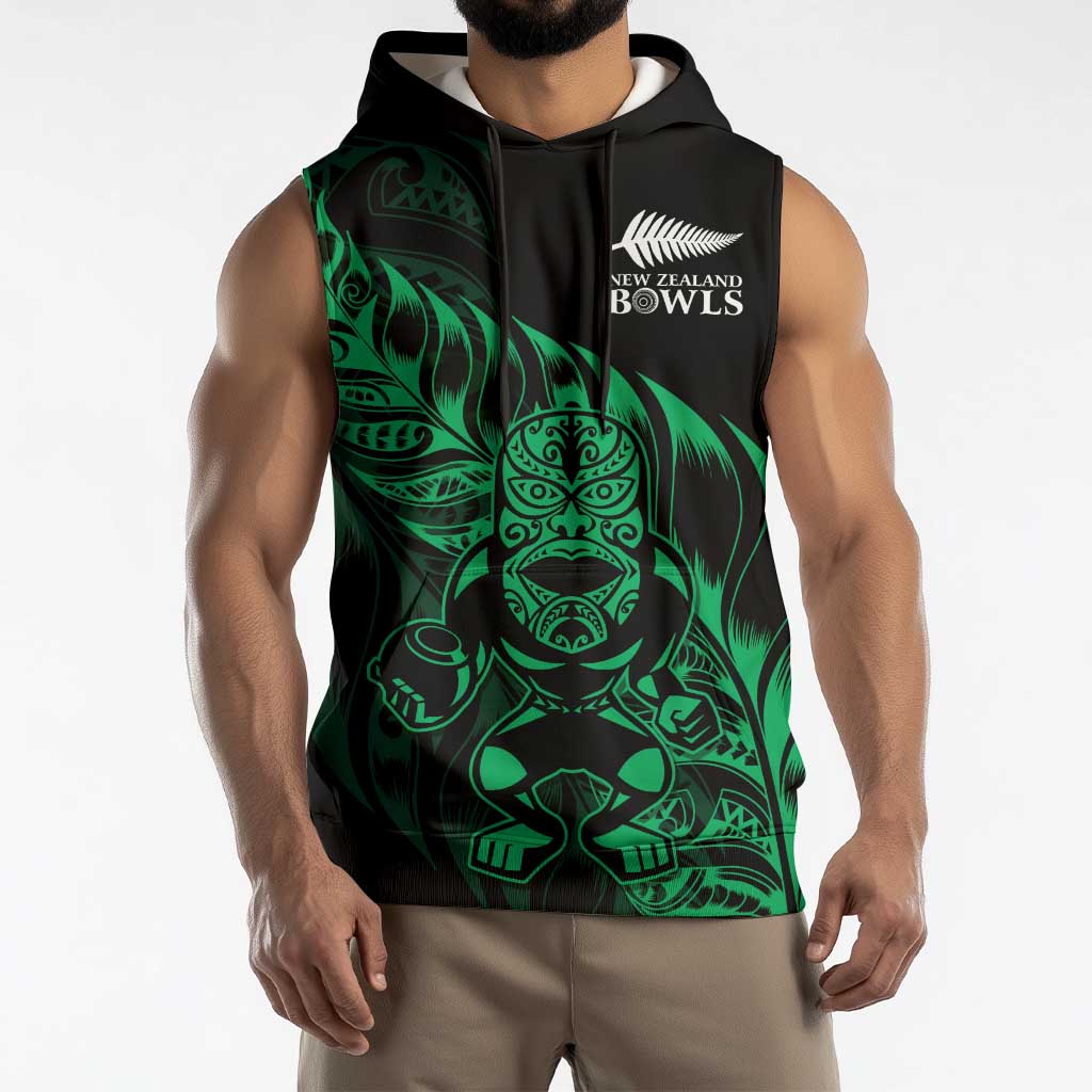 New Zealand Lawn Bowls Custom Sleeveless Hoodie Green Maori Warrior Tribal Silver Fern - Aussie Hoodie