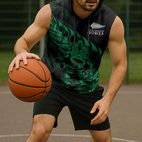 New Zealand Lawn Bowls Custom Sleeveless Hoodie Green Maori Warrior Tribal Silver Fern - Aussie Hoodie