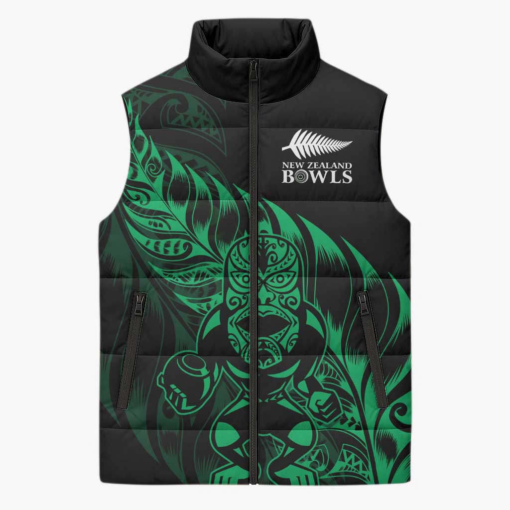 New Zealand Lawn Bowls Custom Sleeveless Puffer Jacket Green Maori Warrior Tribal Silver Fern - Aussie Hoodie