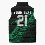 New Zealand Lawn Bowls Custom Sleeveless Puffer Jacket Green Maori Warrior Tribal Silver Fern - Aussie Hoodie