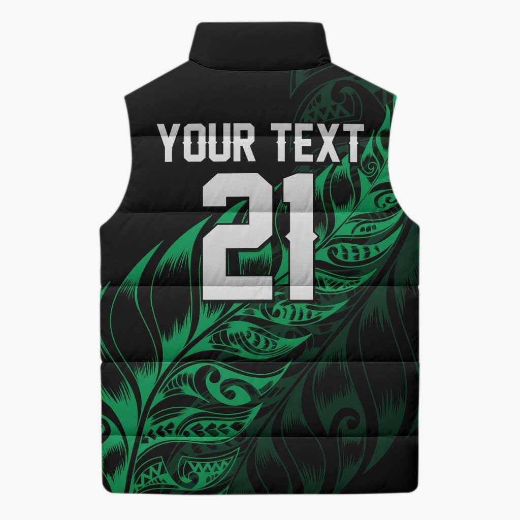 New Zealand Lawn Bowls Custom Sleeveless Puffer Jacket Green Maori Warrior Tribal Silver Fern - Aussie Hoodie