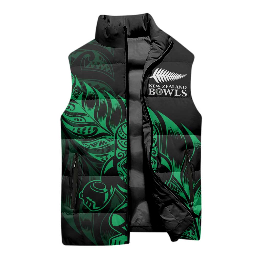 New Zealand Lawn Bowls Custom Sleeveless Puffer Jacket Green Maori Warrior Tribal Silver Fern - Aussie Hoodie