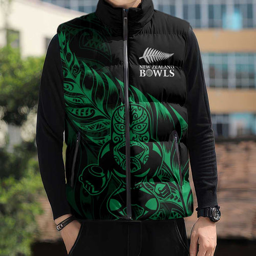 New Zealand Lawn Bowls Custom Sleeveless Puffer Jacket Green Maori Warrior Tribal Silver Fern - Aussie Hoodie
