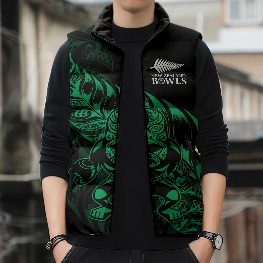 New Zealand Lawn Bowls Custom Sleeveless Puffer Jacket Green Maori Warrior Tribal Silver Fern - Aussie Hoodie