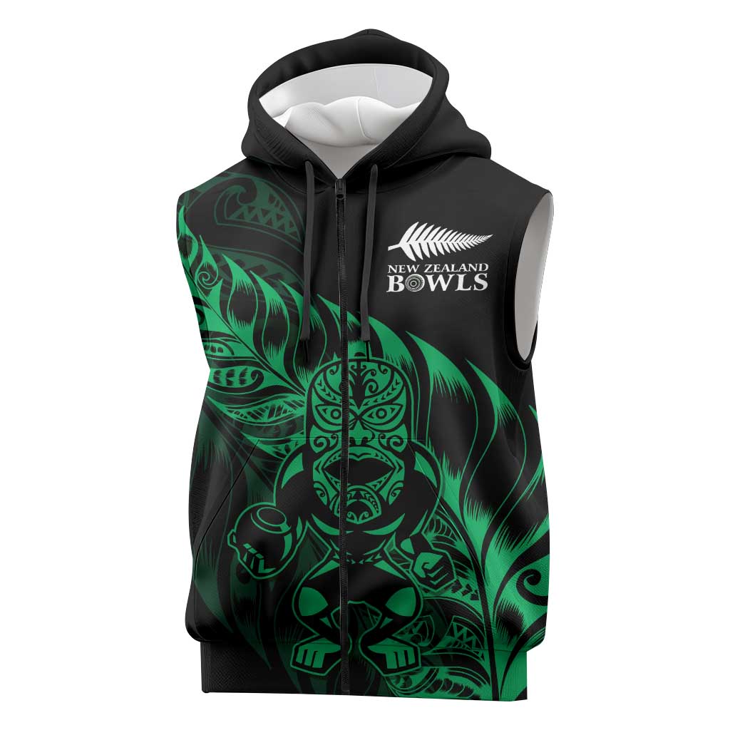New Zealand Lawn Bowls Custom Sleeveless Zip Hoodie Green Maori Warrior Tribal Silver Fern LT9