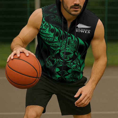 New Zealand Lawn Bowls Custom Sleeveless Zip Hoodie Green Maori Warrior Tribal Silver Fern LT9