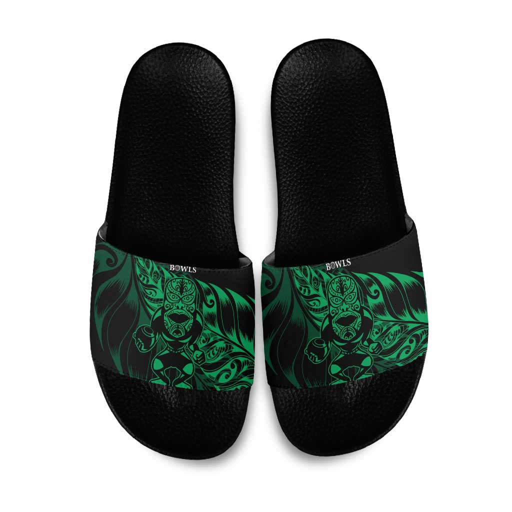 New Zealand Lawn Bowls Slide Sandals Green Maori Warrior Tribal Silver Fern - Aussie Hoodie