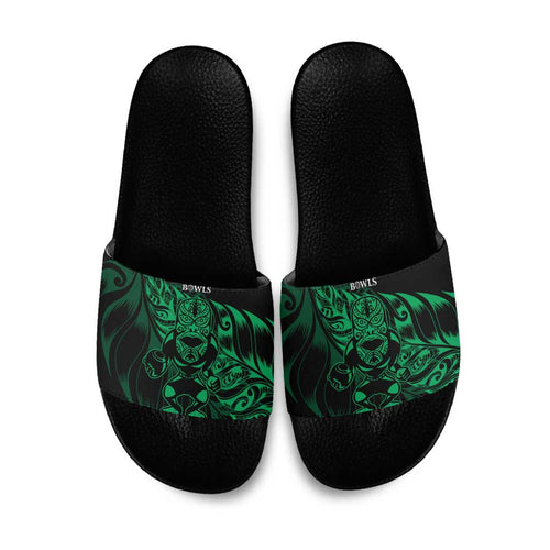 New Zealand Lawn Bowls Slide Sandals Green Maori Warrior Tribal Silver Fern - Aussie Hoodie