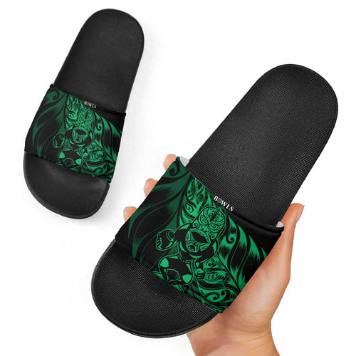 New Zealand Lawn Bowls Slide Sandals Green Maori Warrior Tribal Silver Fern - Aussie Hoodie