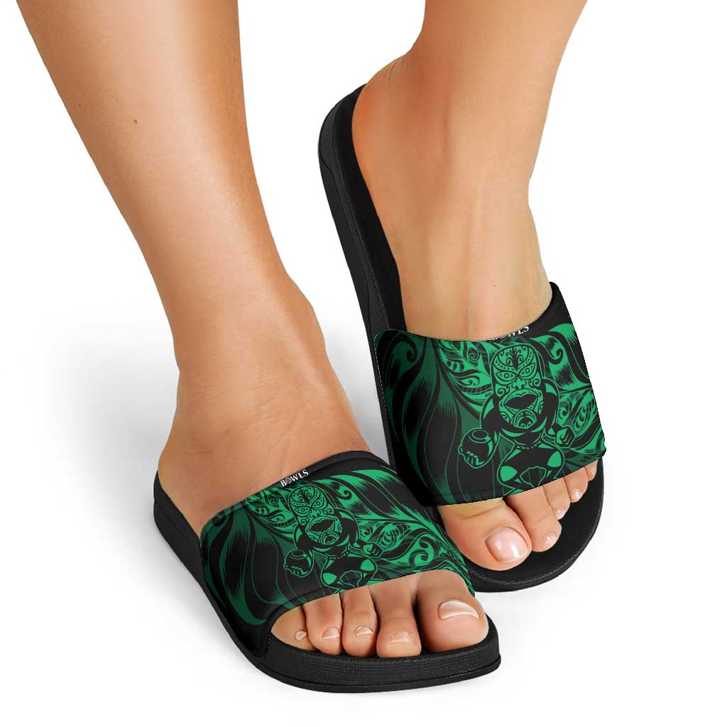 New Zealand Lawn Bowls Slide Sandals Green Maori Warrior Tribal Silver Fern - Aussie Hoodie