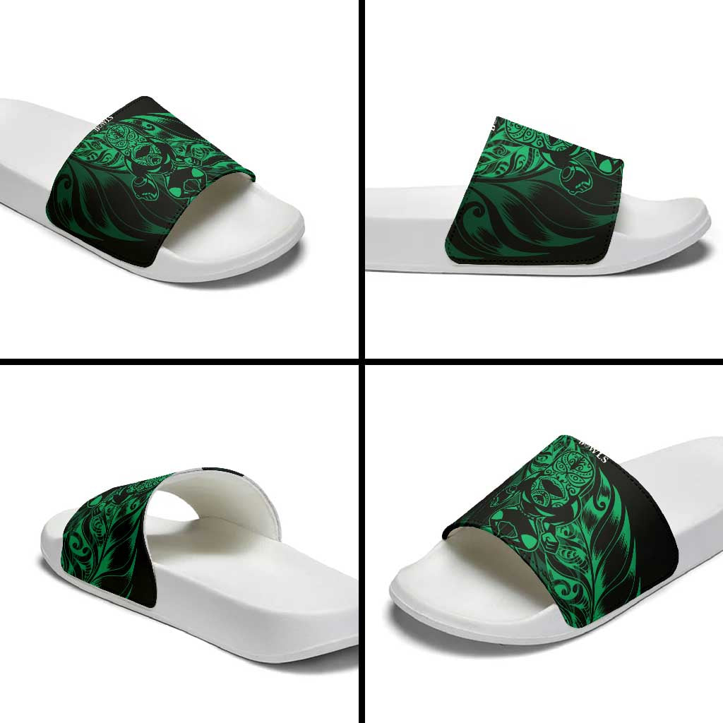 New Zealand Lawn Bowls Slide Sandals Green Maori Warrior Tribal Silver Fern - Aussie Hoodie