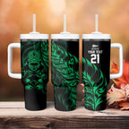 New Zealand Lawn Bowls Custom Tumbler With Handle Green Maori Warrior Tribal Silver Fern - Aussie Hoodie