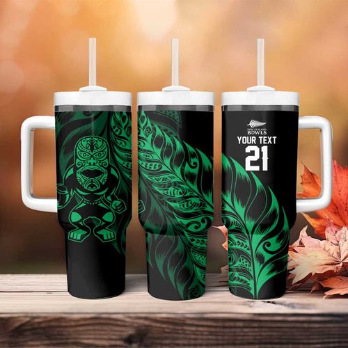 New Zealand Lawn Bowls Custom Tumbler With Handle Green Maori Warrior Tribal Silver Fern - Aussie Hoodie