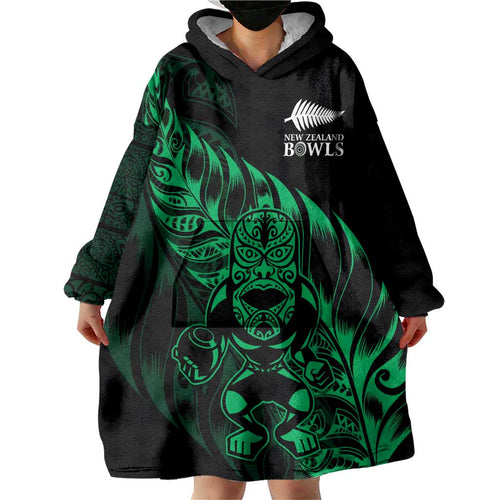 New Zealand Lawn Bowls Custom Wearable Blanket Hoodie Green Maori Warrior Tribal Silver Fern - Aussie Hoodie