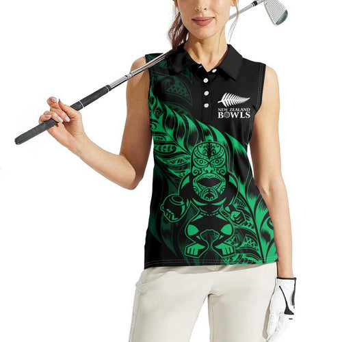 New Zealand Lawn Bowls Custom Women Sleeveless Polo Shirt Green Maori Warrior Tribal Silver Fern - Aussie Hoodie