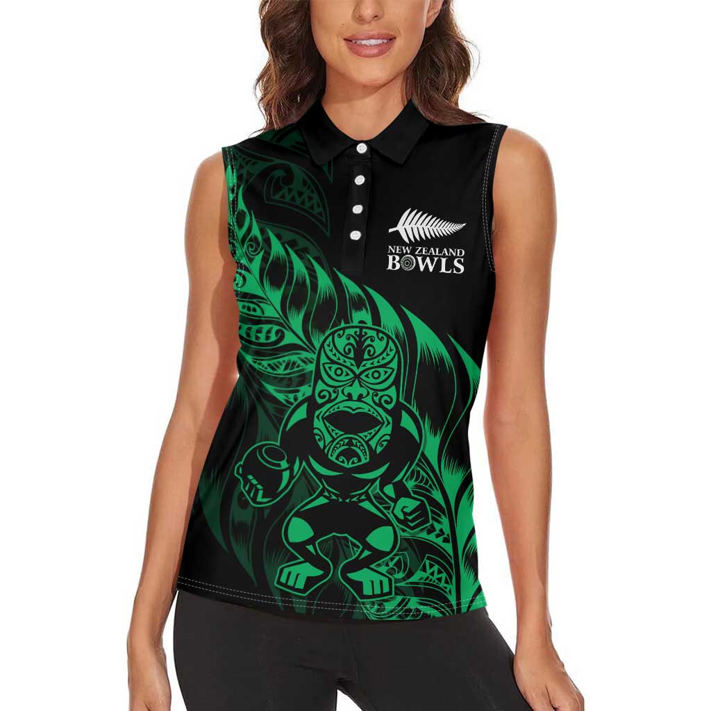 New Zealand Lawn Bowls Custom Women Sleeveless Polo Shirt Green Maori Warrior Tribal Silver Fern - Aussie Hoodie