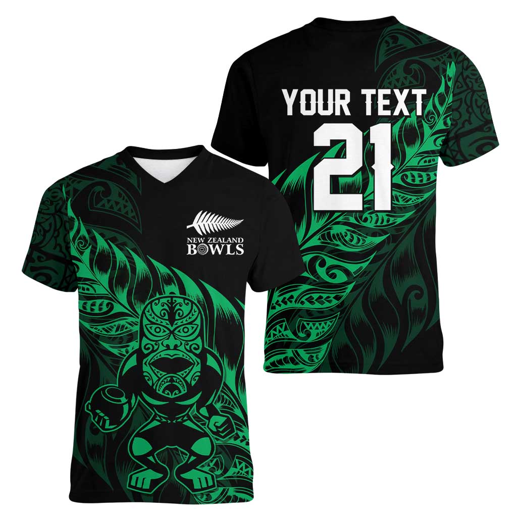 New Zealand Lawn Bowls Custom Women V-Neck T-Shirt Green Maori Warrior Tribal Silver Fern - Aussie Hoodie