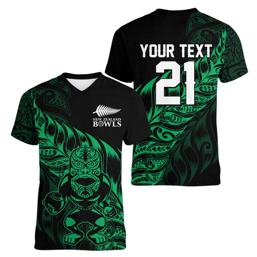 New Zealand Lawn Bowls Custom Women V-Neck T-Shirt Green Maori Warrior Tribal Silver Fern - Aussie Hoodie