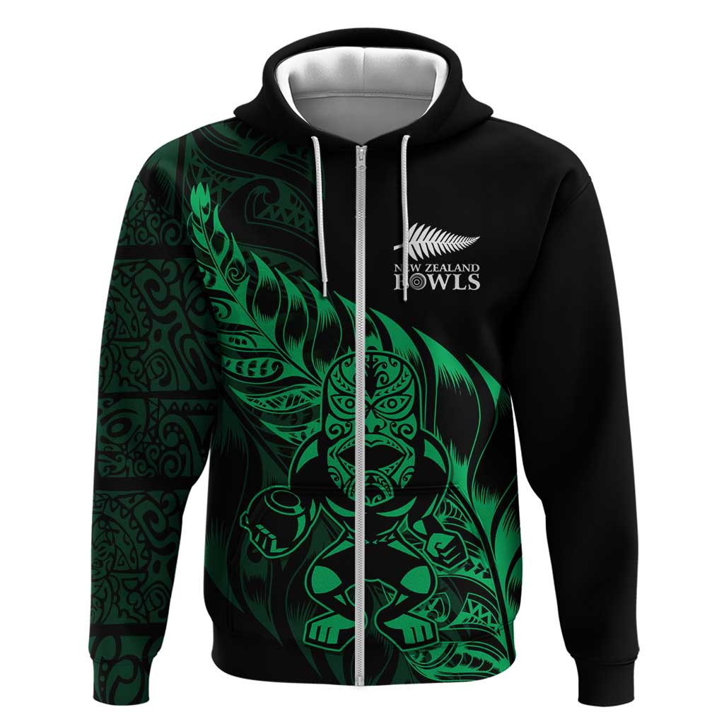 New Zealand Lawn Bowls Custom Zip Hoodie Green Maori Warrior Tribal Silver Fern - Aussie Hoodie