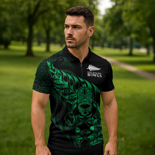 New Zealand Lawn Bowls Custom Zipper Polo Shirt Green Maori Warrior Tribal Silver Fern - Aussie Hoodie