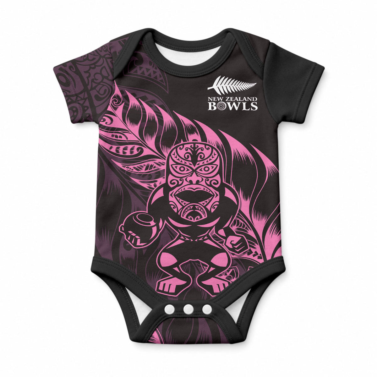 New Zealand Lawn Bowls Custom Baby Onesie Pink Maori Warrior Tribal Silver Fern