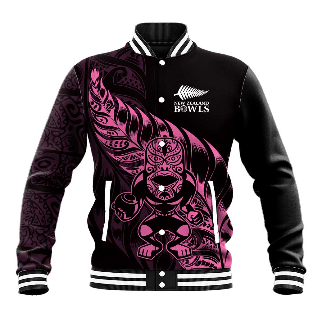 New Zealand Lawn Bowls Custom Baseball Jacket Pink Maori Warrior Tribal Silver Fern - Aussie Hoodie