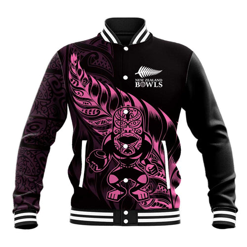 New Zealand Lawn Bowls Custom Baseball Jacket Pink Maori Warrior Tribal Silver Fern - Aussie Hoodie