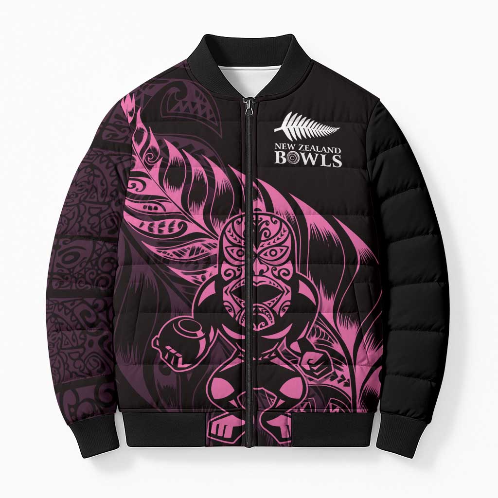 New Zealand Lawn Bowls Custom Bomber Puffer Jacket Pink Maori Warrior Tribal Silver Fern - Aussie Hoodie