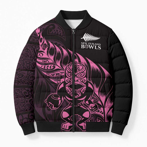 New Zealand Lawn Bowls Custom Bomber Puffer Jacket Pink Maori Warrior Tribal Silver Fern - Aussie Hoodie