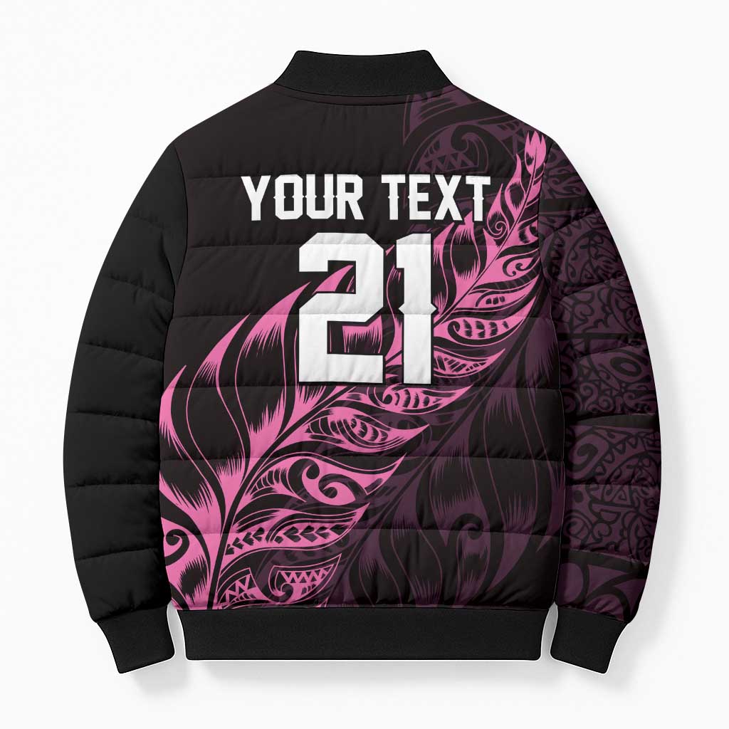 New Zealand Lawn Bowls Custom Bomber Puffer Jacket Pink Maori Warrior Tribal Silver Fern - Aussie Hoodie